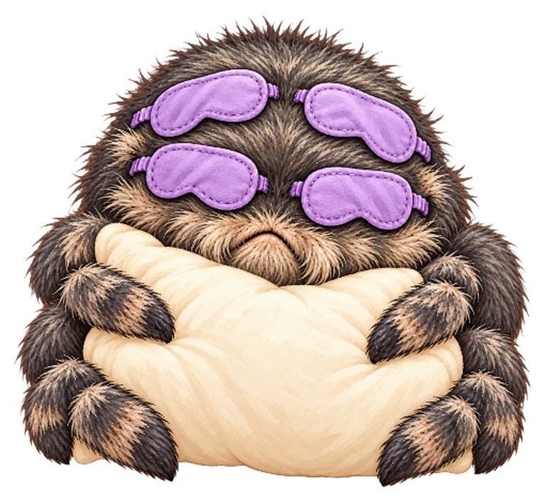 Sleepy Spider, a fluffy brown spider wearing four lilac sleep masks over all eight eyes, hugging a cream pillow with a small frown